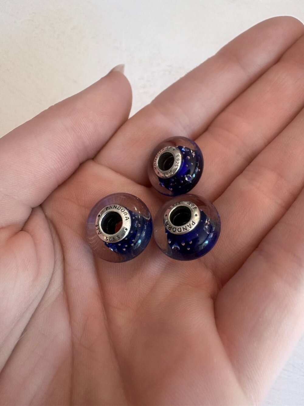 Set of 3 Pandora Blue Murano Glass Bubble Charms S925 ALE Sterling Silver